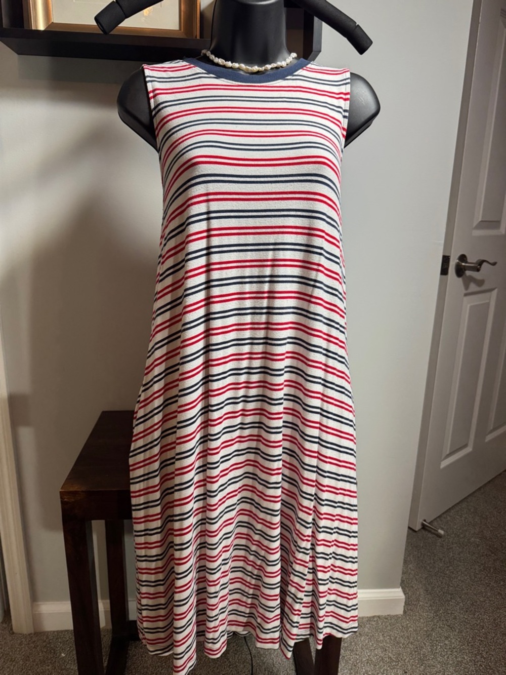 Time and Tru Sleeveless Striped Dress in White, Navy & Red